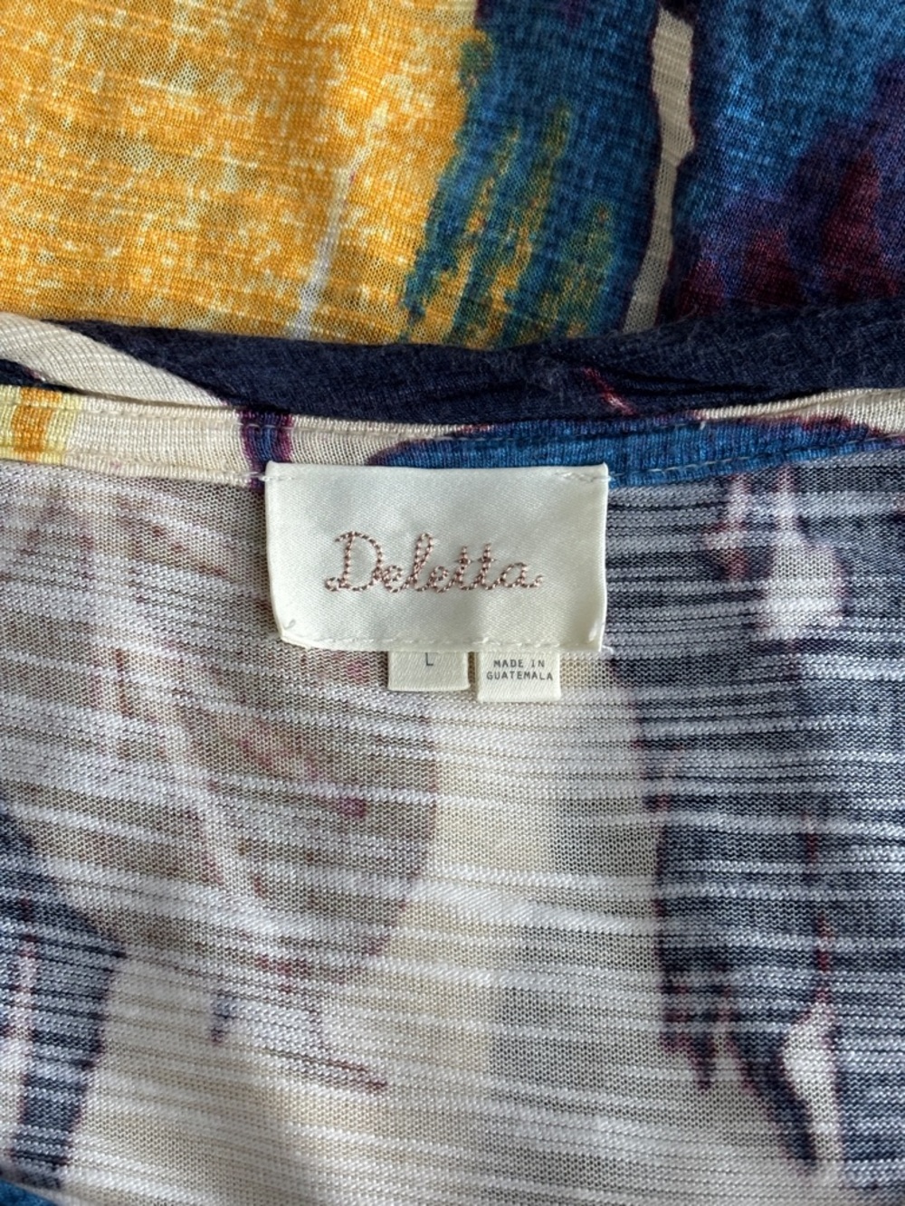 Deletta Tropical Parrot Print Top | Blue Yellow Rayon | Side Tie Blouse | Size L - Picture 4 of 6